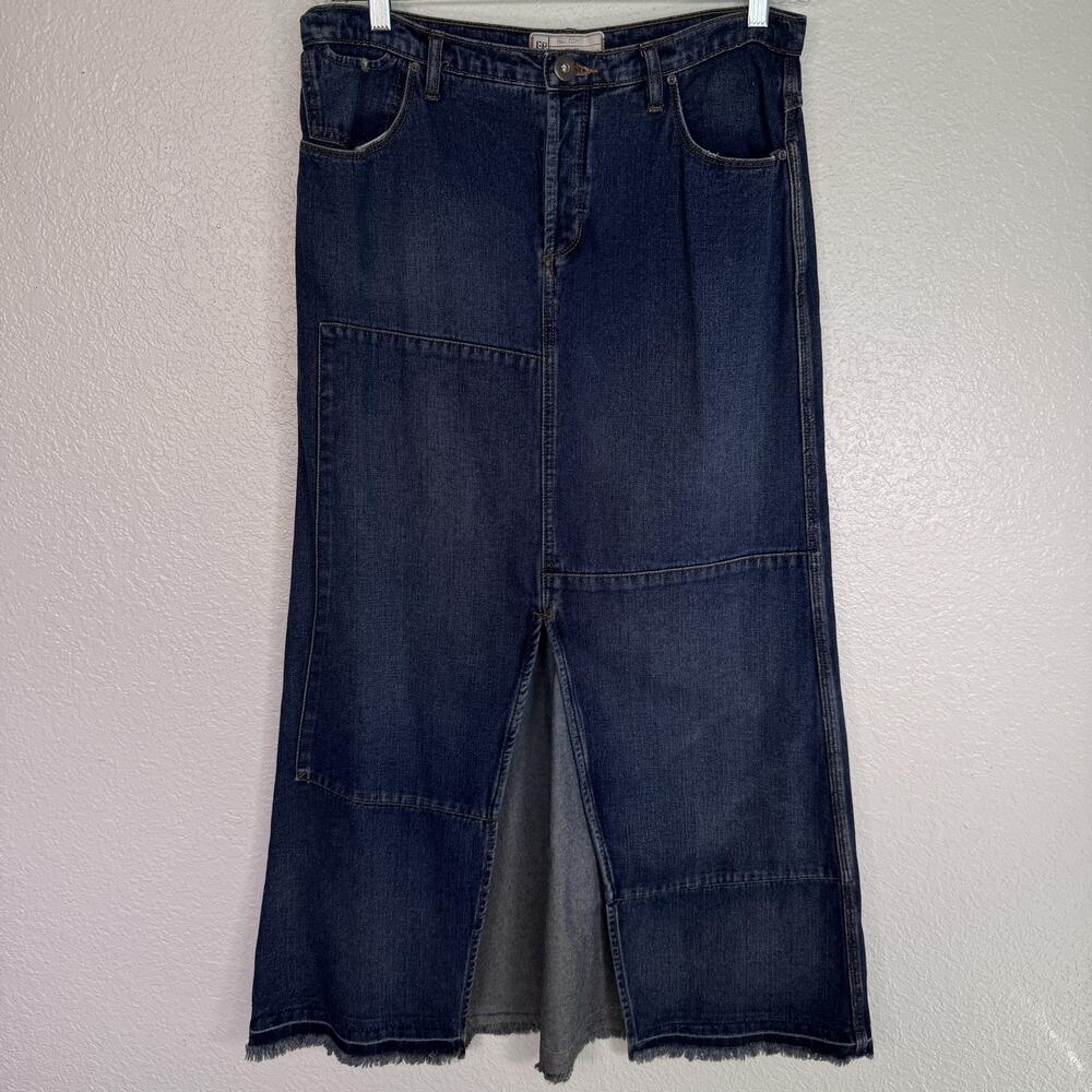 Free People Leann Patchwork Denim Skirt Womens 30 Button Fly Raw Hem Maxi Boho